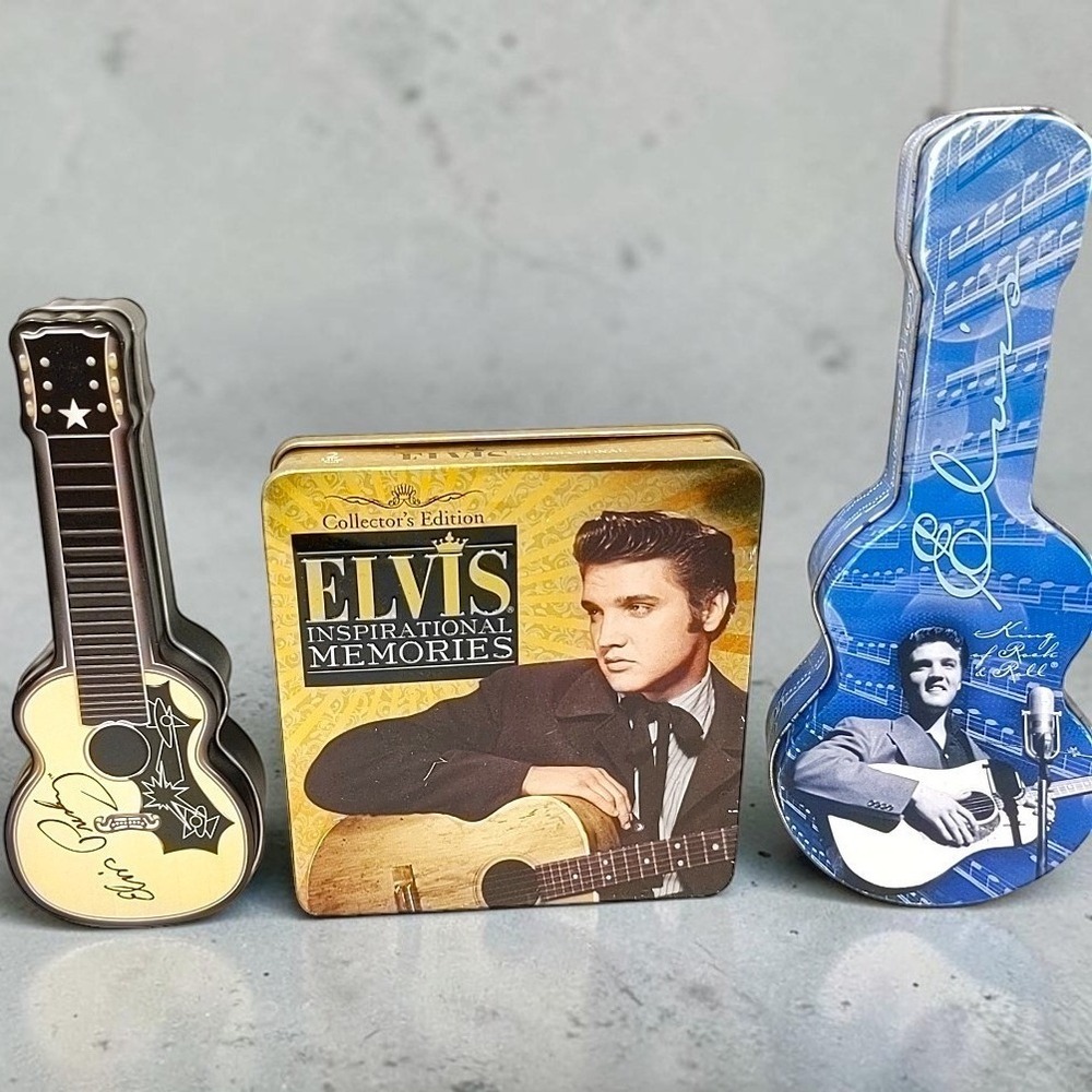 VTG Elvis Presley 30th Anniv Collectible Tin Lot Guitar Shaped Metal Box Set 3